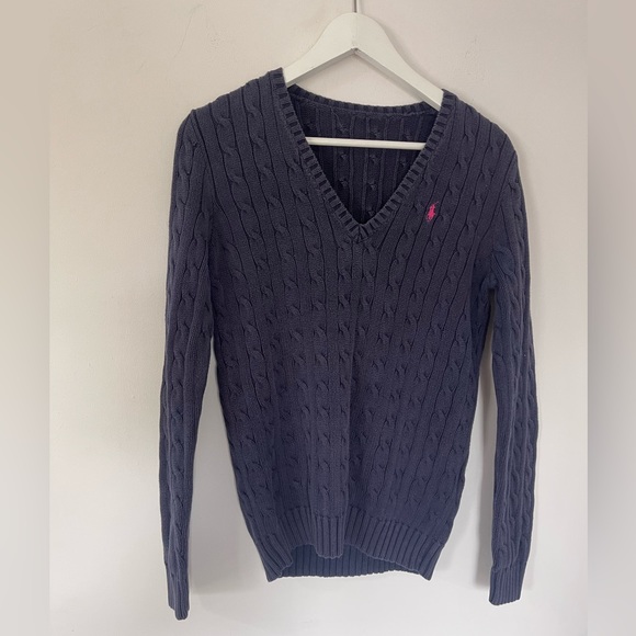 Ralph Lauren Sweaters - Lauren Ralph Lauren Jumper Pink & Navy Blue Cable Knit - Women's Small V Neck
